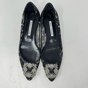 Manolo Blahnik Hangisi Black Lace Flat Slip on Jewel Buckle 40.5 EU
